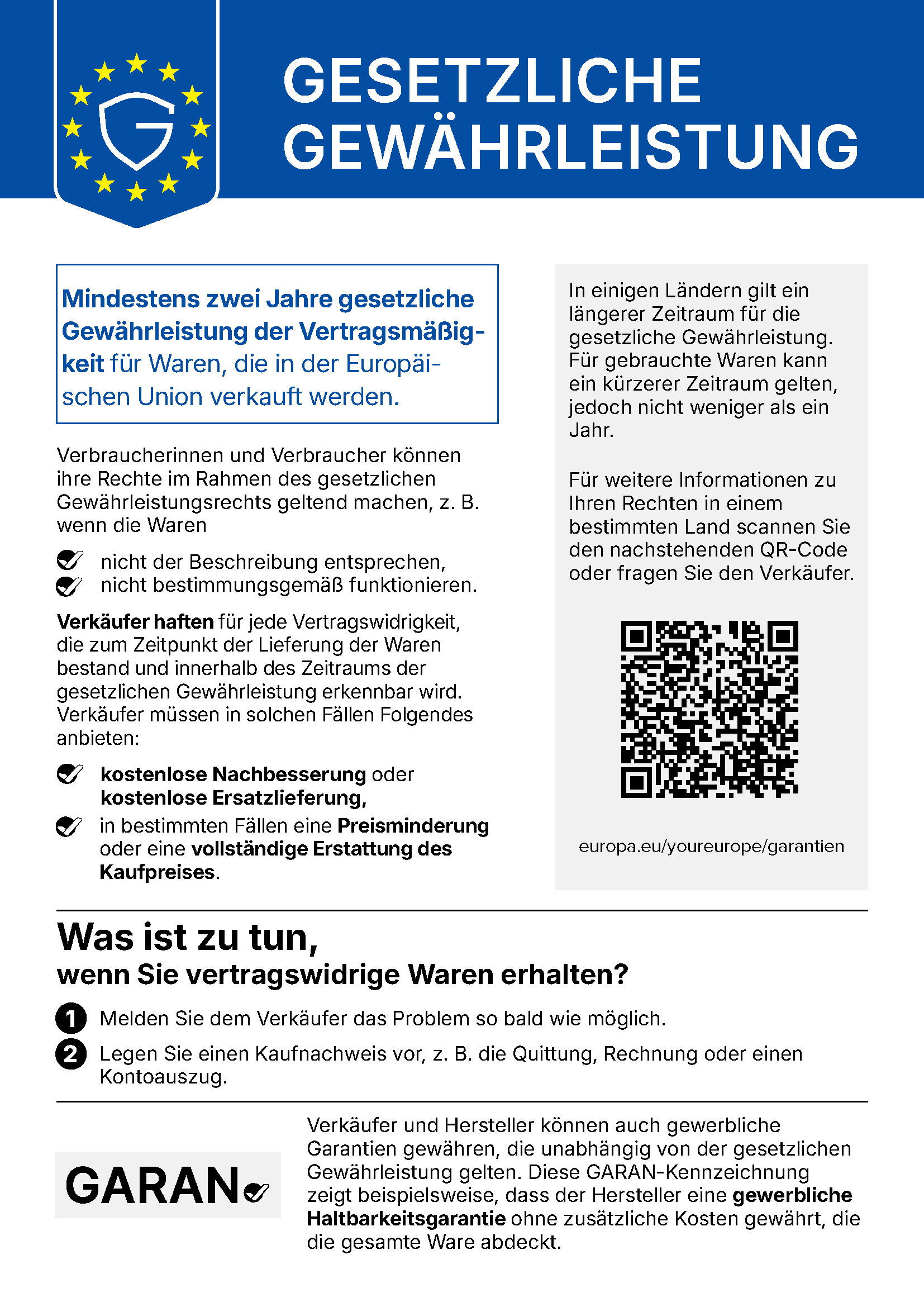 Gesetzliche Gewährleistung – Hinweis der Europäischen Union